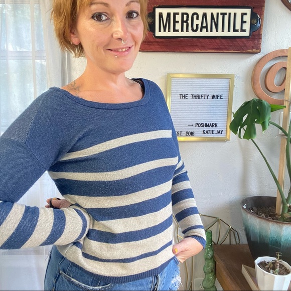 Sweet N Sinful Tops - Sweet n Sinful Striped Blue / Cream Classic Casual Knit Top Size Small
